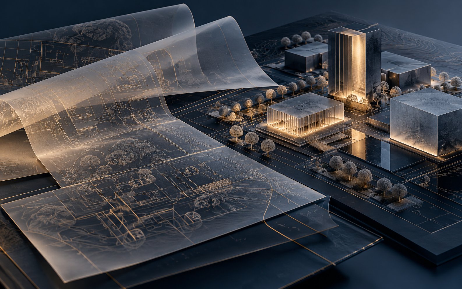 Maquete conceitual e plantas de projetos em tons de azul e dourado