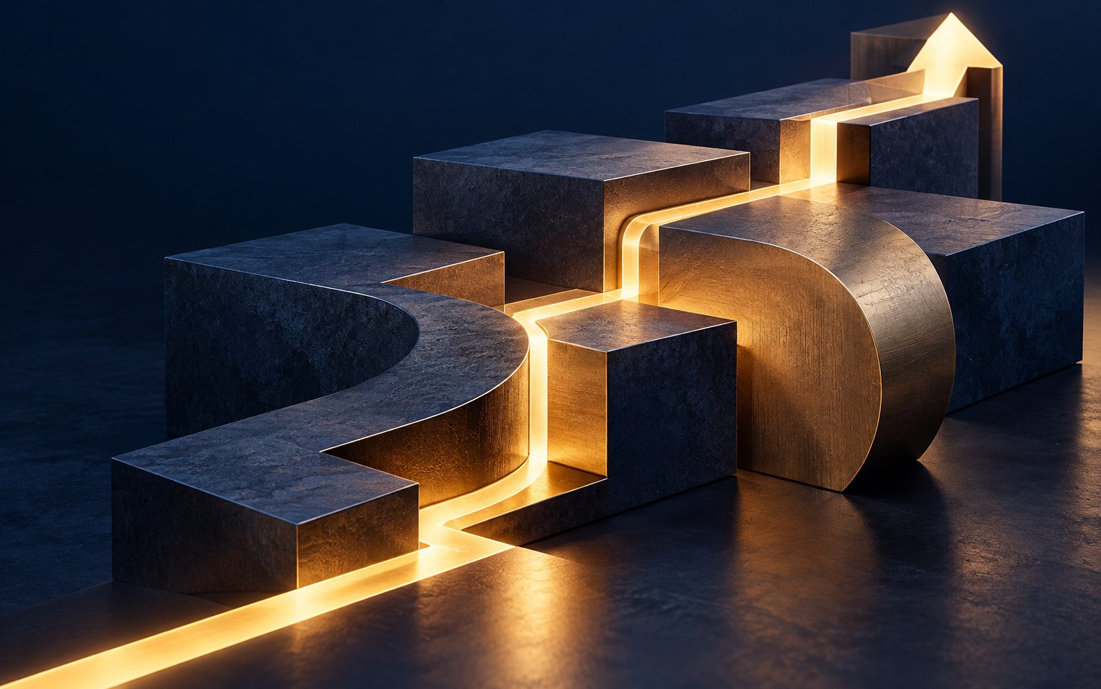 Composição abstrata de blocos e caminho luminoso simbolizando estratégia